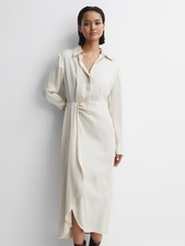 REISS Arabella Satin Shirt-Style Midi Dress in Cream UK Size 14