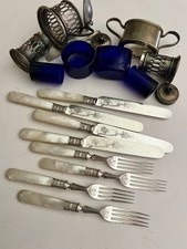 Antique Ornate Mother Of Pearl Cutlery & Silver Plated Cruet Set