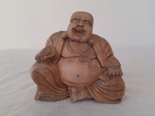 Happy buddha wood figurine - buddha,