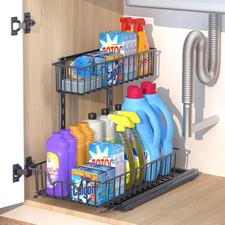 2 Tier Pull Out Kitchen Sliding Metal Basket Under Sink Storage Organiser Racks