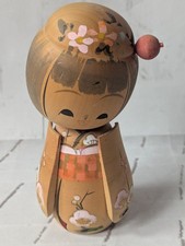 Vintage Japanese Kokeshi Doll Signed Base Hand Painted Flowers Traditional Wood