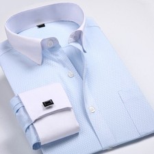 Mens Long Sleeve Shirts French Cuff Formal Business Dress with Cufflinks Shirts