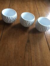 3 x Indoor Round Decorated White Flower Pots with Holes & Rubber Pads