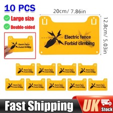 Electric Fence Warning Signs X10 (Double Sided Plastic Screw Fixing Clip On) UK