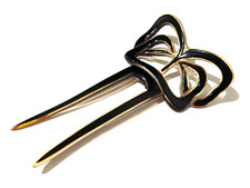 VINTAGE RARE 1920s CELLULOSE NITRATE BOW HAIR SLIDE COMB BLACK ON YELLOW KROKO