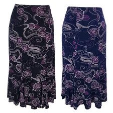 New Ladies Floral Print Midi Calf Length Godet Skirt Flared Panel Stretchy UK