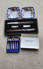 14off TWO PAIR SINGAPORE SILVER PLATED CHOPSTICKS with RESTS-2 DISHES & SPOONS