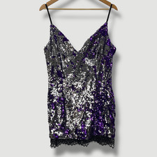 BOOHOO Womens Silver/Purple Sequin V-Neck Sleeveless Short Dress SIZE UK-14
