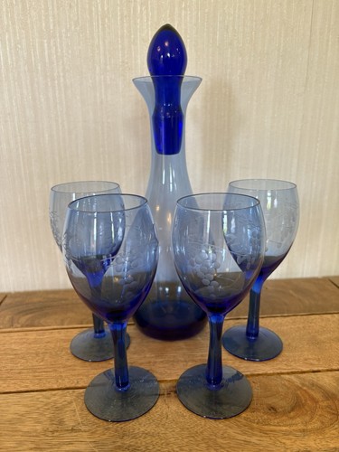 Vintage blue glass - blue, etched