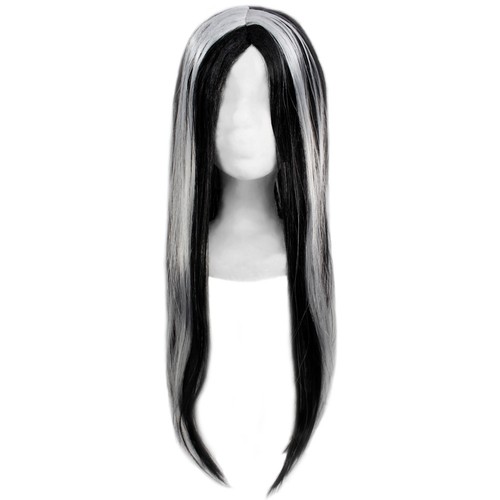 Long black wig with - with, white