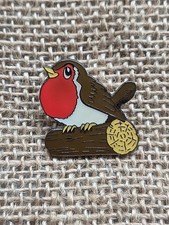 Vintage CHUK Ltd Robin Redbreast Enamel Pin Badge Brooch Bird on Branch 90s