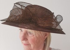 Ladies Formal Hat Brown Gold Medium Brim Ribbon Bow Wedding Special Occasion