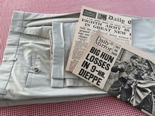 1940s Style Trousers M&S Stone Cotton Pleats Cuffs Turn Ups + Papers W36” L 31”