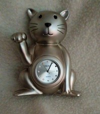 NEXT QUARTZ METAL SILVER COLOURED MINIATURE CAT CLOCK DESK MANTLEPIECE