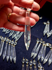 56 ANTIQUE VINTAGE CLEAR CRYSTAL LAMP CHANDERLIER DROPS BRASS HOOKS  (E24)