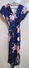 Womens Blue Pink Floral Midi Dress Size M Pin-Up Retro V Neck Belted Side Splits