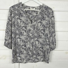 PYRUS Top Womens Size Small Navy White Pure Silk Abstract Blouse Smart Trilogy