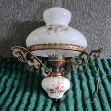 Vintage Hanging Electric Oil Lamp White Vesta Shade - Floral Design 