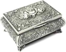 Antique Metal Trinket Box for Jewellery Storage Floral Vintage Chest H&S