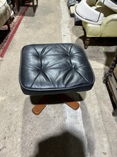 Retro Vintage Light Tan Footstool Foot Rest Pouffe Mid Century Faux Leather Wood