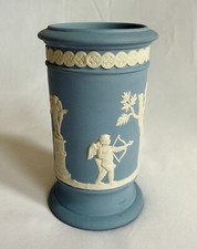 WEDGWOOD England Cream on Pale Blue Jasperware 5'' Cylindrical Apollo Vase Cupid