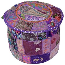 Indian Vintage Embroidered Patchwork Ottoman Pouf Purple Footstool Ethnic Decor