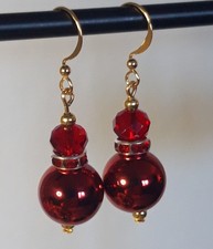 Hand Made Christmas Red Bauble Earrings, CrystalBeads and 18k gold plated hooks