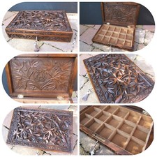 WONDERFUL 19C ANGLO INDIAN HAND CARVED ANTIQUE JEWELLERY BOX - FAB INTERIOR