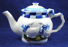 Collectable Decorative B and B FARM HOUSE BLUE & WHITE TEA POT w 2 DUCKS / Geese