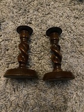 Pair Of Old Wooden Candle Sticks With Barley Twist And Brass Tops