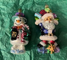 2 Rare Christopher Radko Ornaments - Footy Frosted Snowman & Happy Handful Santa