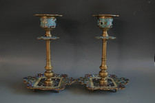 ANTIQUE 19th CENTURY BRASS ENAMEL CANDLESTICKS