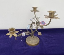 Vintage French Brass Candelabra With Ceramic Flowers