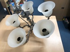 Vintage 5 Arm Brass HEAVY  Ceiling Light  Chandelier 20" W  X 10" H with shades