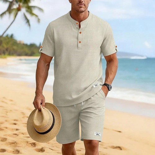 Men linen look henley - look,