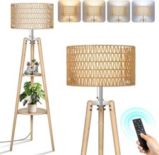 NEW OUTON Solid Wooden Storage Shelf Tripod Floor Lamp With Rattan Shade -Z03