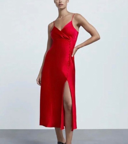 Zara red dress satin midi - l,