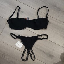 BNWT Vintage Ann Summers Black Entice Quarter Cup Bra & Crotchless Thong Sz Mdm