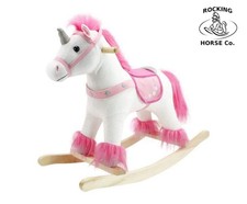 NEW PINK / WHITE Rocking UNICORN - Bright Soft Mane Tail Saddle on Wood Rockers