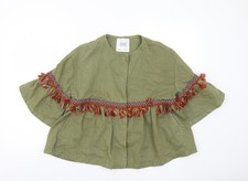 Zara Women’s Green Cotton Cape Jacket XS Boho Fringe Festival Style