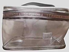SEPHORA BAG SILVER & GREY TOILETRIES CASE BEAUTY /TRAVEL MAKEUP MESH BAG NEW