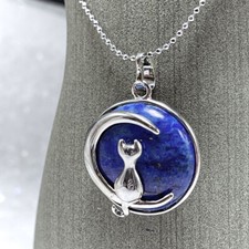 moon cat Gemstone pendant necklace Lapis Lazuli For Calm & Creativity