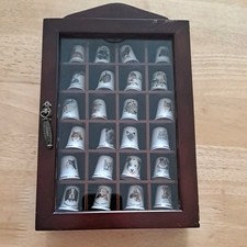 Wooden Thimble Display Cabinet With 24 Thimbles (Dogs, Cats, Birds, animals)
