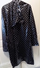 Ladies Black Plastic Raincoat White Polka Dots with Tie Belt and Headscarf New