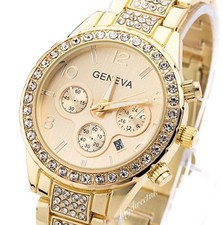 GOLD Geneva Chronograph Date New Style Ladies Womens Crystals Bling Wristwatch