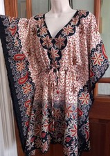 Vtg Look Indian Block Print Style Drawstring Kaftan Tunic Top Free Size Boho