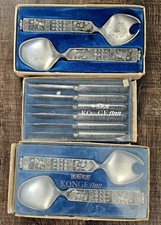 PAIR VINTAGE KONGE TINN NORWEGIAN PEWTER VIKING SPOONS HEILAG OLAV OG HANS MENN