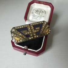 Vintage Pierre Bex Art Deco Enamel Brooch French Trombone Clasp Black Gold Rays