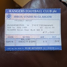 6/8/1989 Rangers v Tottenham Friendly Ticket