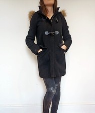 ZARA Winter Coat S 8 10 Black Fur Hood Duffle Jacket Wool Warm Blogger's Fav top